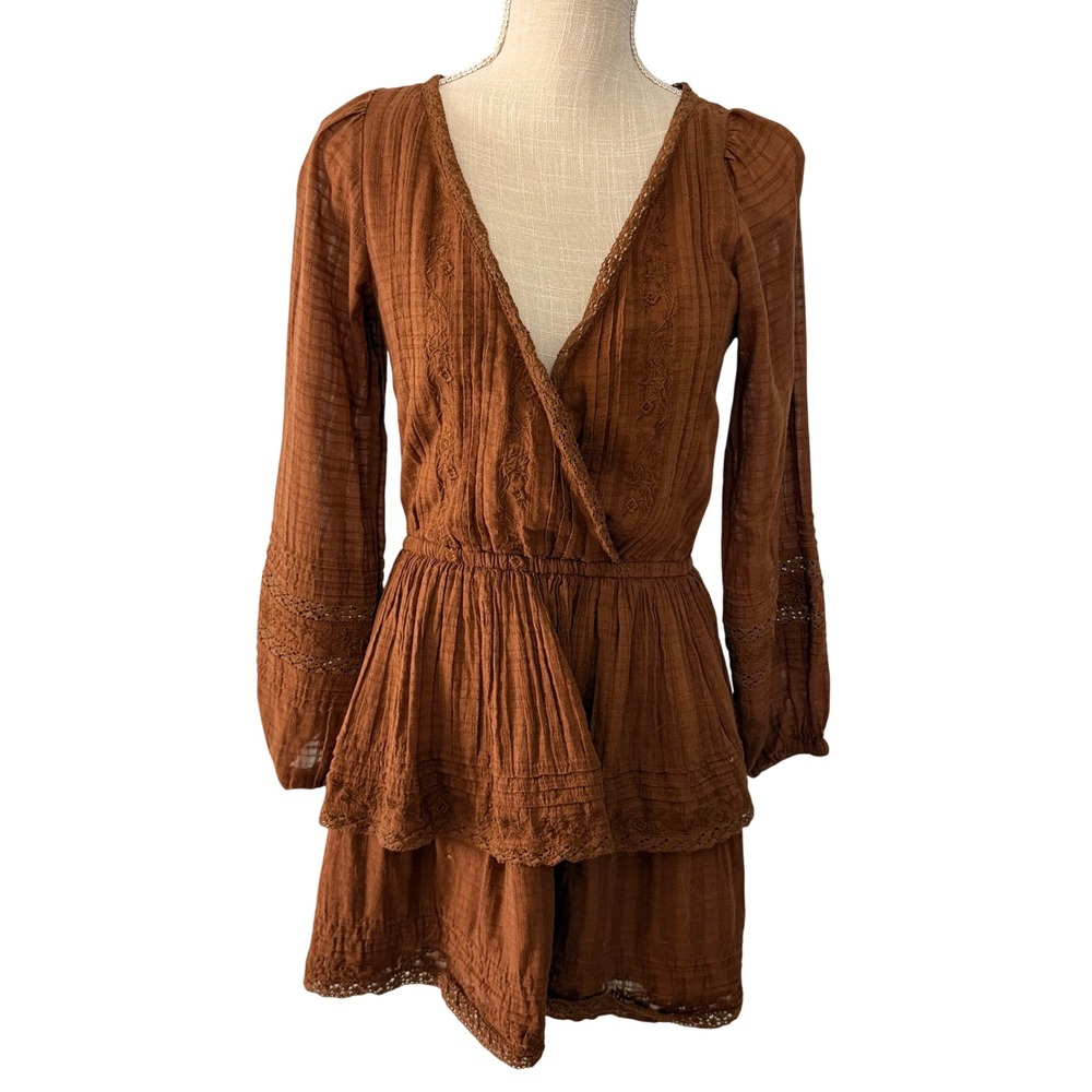 American Eagle Brown Gauze Faux Wrap Dress XS Boho Embroidered Long Sleeve